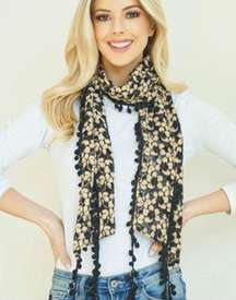 NEW Ryu Black Floral Scarf with Pom Pom Lace Detail Fringe Accents