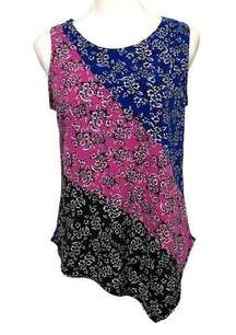 Top Sleeveless Tank Size Medium Black Blue Pink Floral A-Symmetrical