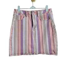 Ella Moss High Rise Denim Mini Skirt in Rainbow Stripe Pink Purple US 27