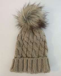 Shiraleah Chicago Tan Knit Beanie With Fuzzy Pom