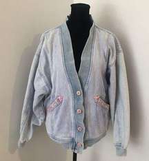 STEFANO World Wide Vintage Acid Wash Denim V Jean Jacket Pink Buttons Floral L