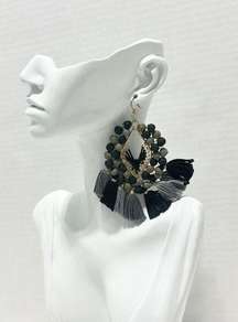 Shiraleah Statement Fringe Tassel Beaded Earrings Dangle Drop Black Gray Gold