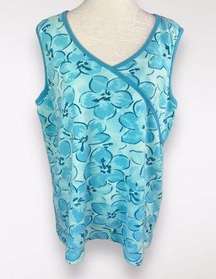 Blue Floral Print Tank Top Sleeveless Blouse 2X