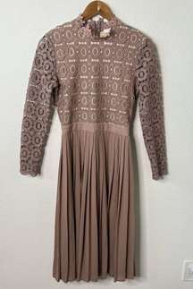 Ivy City Co Arabella Mauve Lace Dress Midi Pleated Lined Modest Women's Size S