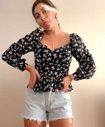 Navy Blue Flattering Floral Long Sleeve Puffy Sleeve Peplum Blouse Top