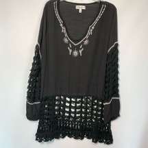 Neiman Marcus Women's Long Sleeve Crochet Woven Swim Cover Up Black Size Large