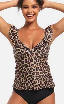 Leopard Ruffle V Neck Tummy Control Tank Swimsuit Size Medium