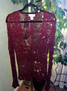 SPIEGEL Crochet Button Front Sweater with Bell Sleeves Size Med Burgundy Color