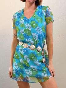 Vintage Blue Daisy Floral Print Short Sleeve Mini Mod Dress