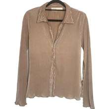 Vintage Havana Boho Deep V-Neck Lettuce Edge Top Button Down Blouse Taupe M NWOT