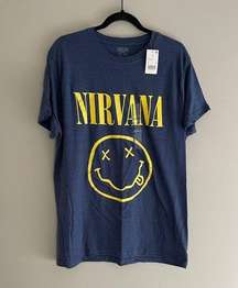 Nirvana  Unisex Kurt Cobain Smiley Face Retro Rock Tee T-Shirt Large Blue NWT