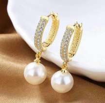 18K Gold Plated White Pearl Dangle Drop Earrings for Women