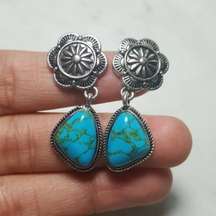 Vintage women silver plated Turquoise Dangle Drop Hoop Earrings