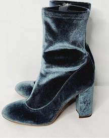 Calexa Blue Gray Velvet Suede Sock Bootie Block Heel Size 8M