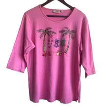 Quacker Factory Women Top 3/4 Sleeve Beaded Palm Scene Tropical L Pink Resort