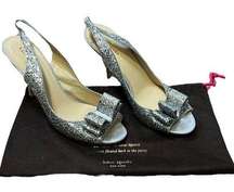 Kate Spade Shoes Silver Glitter Bow Accent Slip On Peep Toe Slingback Pump Heels