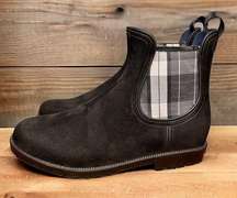 Charleston Shoe Co. Chelsea Rain Boot Black White Faux Suede Plaid Size 10