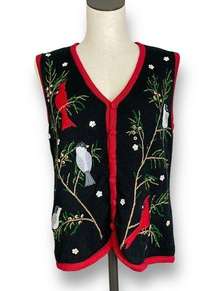 Vintage Christmas Sweater Vest Women Birds Festive Holiday Size Small Black Bead