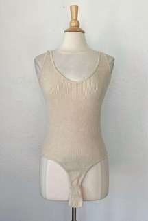 Ribbed Solid Beige V-Neck Fitted Sleeveless Bodysuit