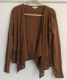 drape open front cardigan suede knit sweater brown long sleeve