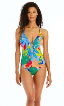 💕BLEU ROD BEATTIE💕 Life Of The Party Plunge Neck One Piece Swimsuit ~ 6 NWT