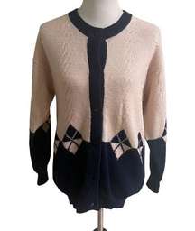 Vintage Gracie 100% Wool Cardigan Sweater Argyle Academia Size Medium