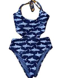 Aerie Women's One Piece Swimsuit L Blue Shark Print High Leg Cut