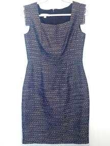 Kay Unger Blue Tweed Sheath Dress Fringe Sleeves Square Neck