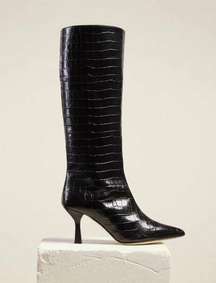 Dear Frances Ana Boots Leather Pointed Toe Knee High Embossed Croc Black 37 NWT