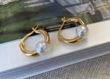 18K Gold Plated White Pearl Hoop Earrings for Women,Pearl Earrings