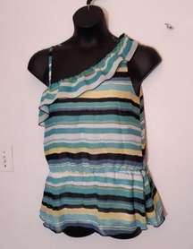 B Wear striped one shoulder top