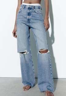 Zara High Waisted Distressed Raw Cut Denim Wide Leg Jeans Blue Women's Size US 4