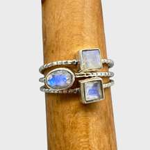 Rainbow Moonstone Stacker Ring Trio - Sz 6