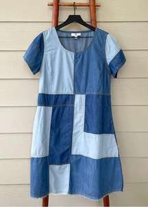 Vintage OSO Casuals Chambray Patchwork A-Line Dress Raw Hem Large