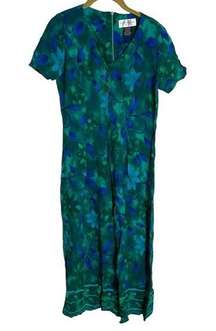 Vintage Blue Green Floral Maxi Dress 6 Petite