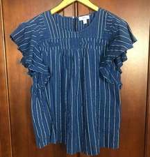 Style & Co Blue White Stripes Cotton Loose Top Flutter Sleeve Size XL