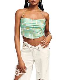 SEROYA Ellison Print Silk Top Green Nautical Halter Size Medium NWT