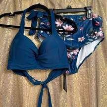 Tempt Me Teal Blue Retro Floral High Waist Bikini Swimsuit Large NWT