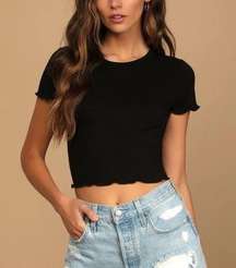 Total Throwback Black Ribbed Lettuce Edge Cropped TeeT-Shirt