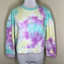 Crop Sweatshirt LARGE Crewneck Tie Dye Purple Yellow Terry Casual