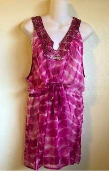 SPIAGGIA Dolce XL Coverup Tie dye Sheer with beaded front Belted mini dr…