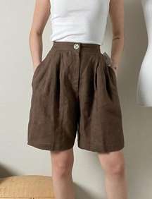vintage 90s brown linen high waisted pleated front bermuda dressy mom shorts