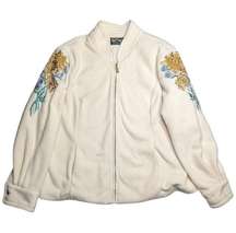 Vtg 1990s Bob Mackie Ivory Full Zip Boho Floral Embroidered Fleece Jacket XL