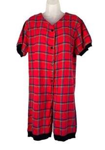 Vintage Night Flowers Plaid Flannel Romper Red One Piece Pajama