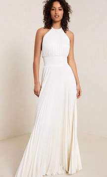 NWT ALC Renata Satin Pleated Dress in White Ivory Maxi Gown Halter Sleev…