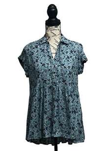 June & Delancy Anthropologie Floral Hi Low Tunic Top Womens Boho Hippie S