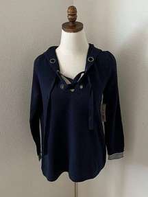 NIC+ZOE Hoodie Women Medium Blue Lace Up Sweatshirt Cotton Blend Pullover EUC‎