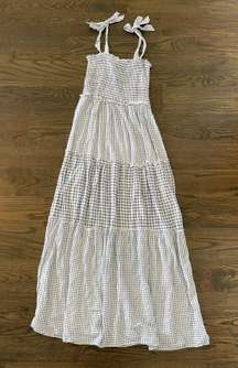 Blue and White Gingham Maxi Dress Tiered Smocked Bust Shoulder Tie Strap