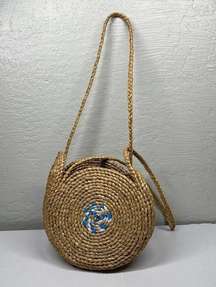 Vintage Blue White Swirl Boho Round Straw Raffia Bag Hand Woven Shoulder Purse