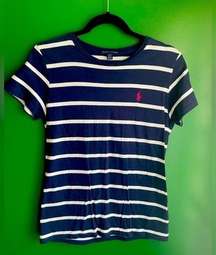 Ralph Lauren Striped Navy Polo Tshirt Size M Medium EUC